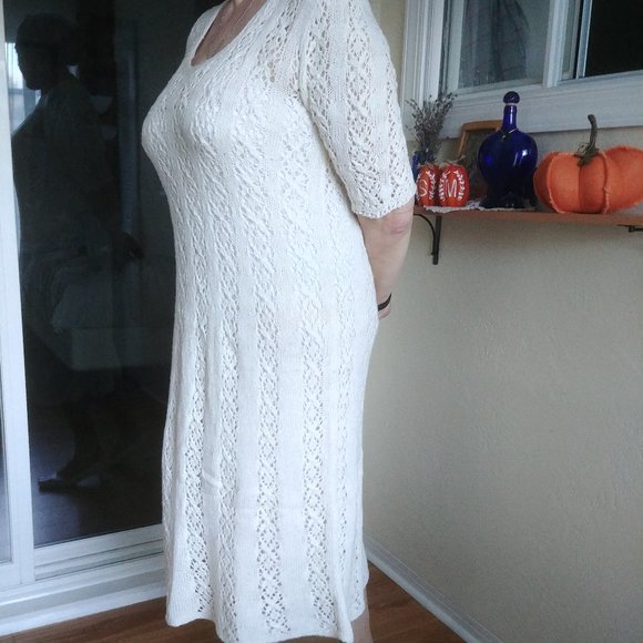 Long Knitted custom made dress size L  nude tan check VIDEO - Picture 14 of 15